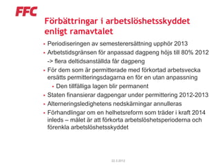 Förbättringar i arbetslöshetsskyddet
enligt ramavtalet
   Periodiseringen av semesterersättning upphör 2013
   Arbetstidsgränsen för anpassad dagpeng höjs till 80% 2012
    -> flera deltidsanställda får dagpeng
   För dem som är permitterade med förkortad arbetsvecka
    ersätts permitteringsdagarna en för en utan anpassning
       Den tillfälliga lagen blir permanent
   Staten finansierar dagpengar under permittering 2012-2013
   Alterneringsledighetens nedskärningar annulleras
   Förhandlingar om en helhetsreform som träder i kraft 2014
    inleds – målet är att förkorta arbetslöshetsperioderna och
    förenkla arbetslöshetsskyddet




                           22.3.2012
 