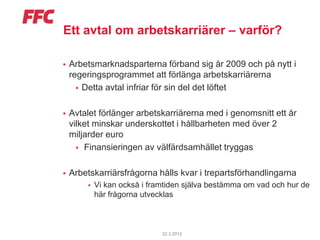 Ett avtal om arbetskarriärer – varför?

   Arbetsmarknadsparterna förband sig år 2009 och på nytt i
    regeringsprogrammet att förlänga arbetskarriärerna
       Detta avtal infriar för sin del det löftet


   Avtalet förlänger arbetskarriärerna med i genomsnitt ett år
    vilket minskar underskottet i hållbarheten med över 2
    miljarder euro
       Finansieringen av välfärdsamhället tryggas


   Arbetskarriärsfrågorna hålls kvar i trepartsförhandlingarna
           Vi kan också i framtiden själva bestämma om vad och hur de
            här frågorna utvecklas



                              22.3.2012
 