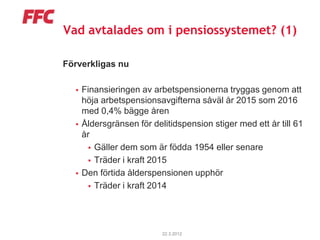 Vad avtalades om i pensiossystemet? (1)

Förverkligas nu

     Finansieringen av arbetspensionerna tryggas genom att
      höja arbetspensionsavgifterna såväl år 2015 som 2016
      med 0,4% bägge åren
     Åldersgränsen för delitidspension stiger med ett år till 61
      år
        Gäller dem som är födda 1954 eller senare
        Träder i kraft 2015
     Den förtida ålderspensionen upphör
        Träder i kraft 2014




                           22.3.2012
 