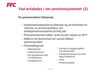 Vad avtalades i om pensionssystemet (2)

En pensionreform förbereds

     Arbetsmarknadsparterna förbinder sig att förhandla om
      reformer av pensionspolitiken och
      arbetspensionssystemet på lång sikt
     Pensionsreformen träder i kraft senast i början av 2017
     Målet är ett ekonomiskt och socialt hållbart
      pensionssystem
     Förhandlingsmål
          Åldersgränser                      Avdrag av löntagaravgiften
                                               från pensionslön
          Förtida pensioner
                                              Införtjänad pension och dess
          Den återstående tiden
                                               begynnelsepunkt
           i invalidpension
          Familjepension                     Index
                                              Pensionsavgifter

                               22.3.2012
 