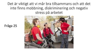 Det är viktigt att vi mår bra tillsammans och att det
inte finns mobbning, diskriminering och negativ
stress på arbetet
Fråga 25
 