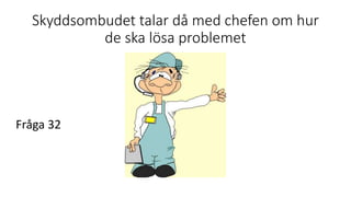 Skyddsombudet talar då med chefen om hur
de ska lösa problemet
Fråga 32
 