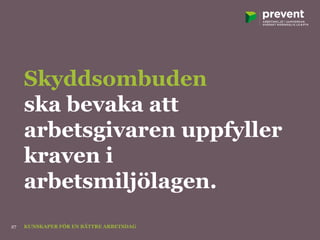 Skyddsombuden
ska bevaka att
arbetsgivaren uppfyller
kraven i
arbetsmiljölagen.
KUNSKAPER FÖR EN BÄTTRE ARBETSDAG27
 