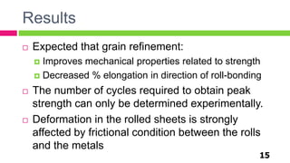 Results
15
 Expected that grain refinement:
 Improves mechanical properties related to strength
 Decreased % elongation in direction of roll-bonding
 The number of cycles required to obtain peak
strength can only be determined experimentally.
 Deformation in the rolled sheets is strongly
affected by frictional condition between the rolls
and the metals
 