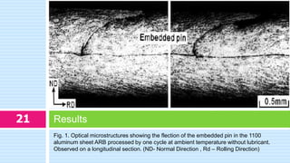 Fig. 1. Optical microstructures showing the flection of the embedded pin in the 1100
aluminum sheet ARB processed by one cycle at ambient temperature without lubricant.
Observed on a longitudinal section. (ND- Normal Direction , Rd – Rolling Direction)
Results21
 