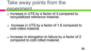 Take away points from the
experiment
31
 Increase in UTS by a factor of 3 compared to
recrystallized reference material.
 Increase in UTS by a factor of 1.8 compared to
cold rolled material.
 Increase in elongation to failure by a factor of 2
compared to cold rolled material.
 