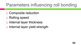 Parameters influencing roll bonding
52
 Composite reduction
 Rolling speed
 Internal layer thickness
 Internal layer yield strength
 