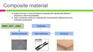 Composite material
● made from two or more constituent materials with significantly different
physical or chemical properties
● when combined, produce a material with characteristics different from the
individual components
Composite
Particle-reinforced Fibre-reinforced Structural
MMC: Al/Ti , AlSiC
 