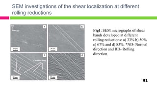 SEM investigations of the shear localization at different
rolling reductions
91
Fig1: SEM micrographs of shear
bands developed at different
rolling reductions: a) 33% b) 50%
c) 67% and d) 83%. *ND- Normal
direction and RD- Rolling
direction.
 