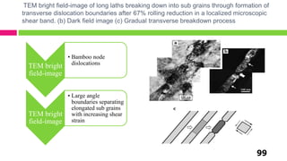 TEM bright field-image of long laths breaking down into sub grains through formation of
transverse dislocation boundaries after 67% rolling reduction in a localized microscopic
shear band. (b) Dark field image (c) Gradual transverse breakdown process
99
TEM bright
field-image
• Bamboo node
dislocations
TEM bright
field-image
• Large angle
boundaries separating
elongated sub grains
with increasing shear
strain
 