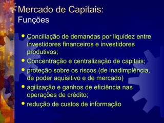 Mercado de Capitais:
Funções
 Conciliação de demandas por liquidez entre
  investidores financeiros e investidores
  produtivos;
 Concentração e centralização de capitais;
 proteção sobre os riscos (de inadimplência,
  de poder aquisitivo e de mercado)
 agilização e ganhos de eficiência nas
  operações de crédito;
 redução de custos de informação
 