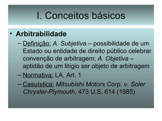 I. Conceitos básicos Arbitrabilidade Definição:   A. Subjetiva  – possibilidade de um Estado ou entidade de direito público celebrar convenção de arbitragem;  A. Objetiva  – aptidão de um litígio ser objeto de arbitragem Normativa:  LA, Art. 1 Casuística:   Mitsubishi Motors Corp. v. Soler Chrysler-Plymouth , 473 U.S. 614 (1985) 