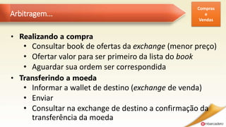 Arbitragem...
• Realizando a compra
• Consultar book de ofertas da exchange (menor preço)
• Ofertar valor para ser primeiro da lista do book
• Aguardar sua ordem ser correspondida
• Transferindo a moeda
• Informar a wallet de destino (exchange de venda)
• Enviar
• Consultar na exchange de destino a confirmação da
transferência da moeda
Compras
e
Vendas
 