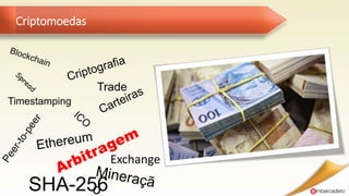 Criptomoedas
Timestamping
SHA-256
Trade
Exchange
 