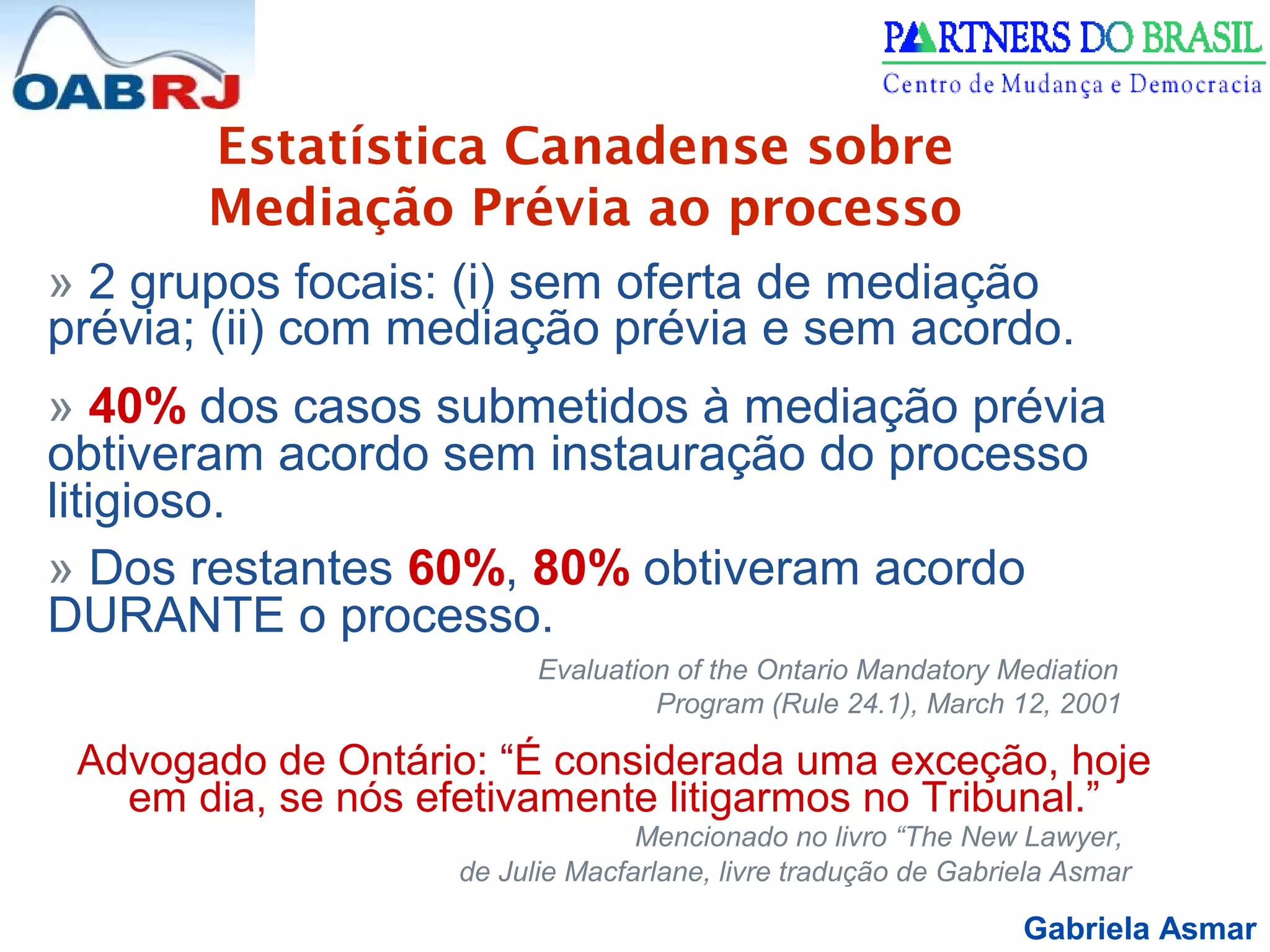 Gabriela Asmar
» 2 grupos focais: (i) sem oferta de mediação
prévia; (ii) com mediação prévia e sem acordo.
» 40% dos casos submetidos à mediação prévia
obtiveram acordo sem instauração do processo
litigioso.
» Dos restantes 60%, 80% obtiveram acordo
DURANTE o processo.
Evaluation of the Ontario Mandatory Mediation
Program (Rule 24.1), March 12, 2001
Advogado de Ontário: “É considerada uma exceção, hoje
em dia, se nós efetivamente litigarmos no Tribunal.”
Mencionado no livro “The New Lawyer,
de Julie Macfarlane, livre tradução de Gabriela Asmar
Estatística Canadense sobre
Mediação Prévia ao processo
 