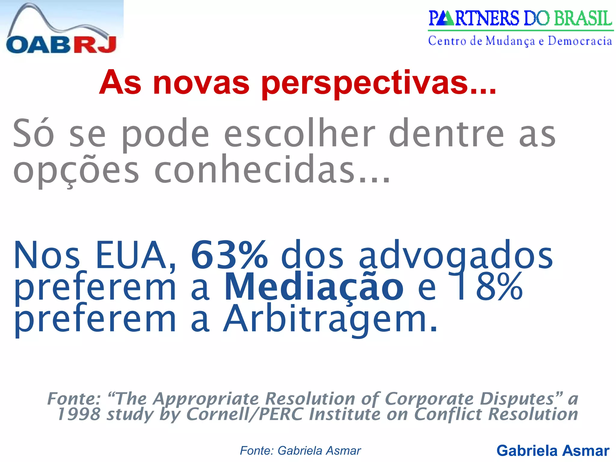 Gabriela Asmar
As novas perspectivas...
Só se pode escolher dentre as
opções conhecidas...
Nos EUA, 63% dos advogados
preferem a Mediação e 18%
preferem a Arbitragem.
Fonte: “The Appropriate Resolution of Corporate Disputes” a
1998 study by Cornell/PERC Institute on Conflict Resolution
Fonte: Gabriela Asmar
 