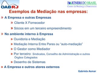 Gabriela Asmar
Exemplos da Mediação nas empresas:
» A Empresa e outras Empresas
» Cliente X Fornecedor
» Sócios em um terceiro empreendimento
» No ambiente interno à Empresa
» Ouvidoria e Mediação
» Mediação Interna Entre Pares ou “auto-mediação”
» O Gestor como Mediador
» Por terceiro: Sindicatos, Conselho de Administração e outros
Órgãos Colegiados
» Desenho de Sistemas
» A Empresa e outros atores externos
 
