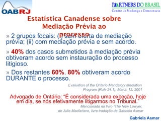 Gabriela Asmar
» 2 grupos focais: (i) sem oferta de mediação
prévia; (ii) com mediação prévia e sem acordo.
» 40% dos casos submetidos à mediação prévia
obtiveram acordo sem instauração do processo
litigioso.
» Dos restantes 60%, 80% obtiveram acordo
DURANTE o processo.
Evaluation of the Ontario Mandatory Mediation
Program (Rule 24.1), March 12, 2001
Advogado de Ontário: “É considerada uma exceção, hoje
em dia, se nós efetivamente litigarmos no Tribunal.”
Mencionado no livro “The New Lawyer,
de Julie Macfarlane, livre tradução de Gabriela Asmar
Estatística Canadense sobre
Mediação Prévia ao
processo
 