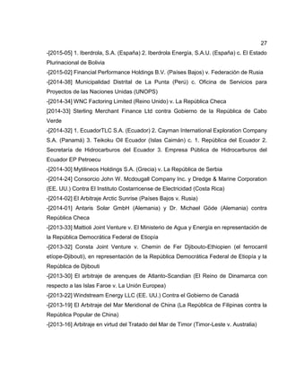 27
-[2015-05] 1. Iberdrola, S.A. (España) 2. Iberdrola Energía, S.A.U. (España) c. El Estado
Plurinacional de Bolivia
-[2015-02] Financial Performance Holdings B.V. (Países Bajos) v. Federación de Rusia
-[2014-38] Municipalidad Distrital de La Punta (Perú) c. Oficina de Servicios para
Proyectos de las Naciones Unidas (UNOPS)
-[2014-34] WNC Factoring Limited (Reino Unido) v. La República Checa
[2014-33] Sterling Merchant Finance Ltd contra Gobierno de la República de Cabo
Verde
-[2014-32] 1. EcuadorTLC S.A. (Ecuador) 2. Cayman International Exploration Company
S.A. (Panamá) 3. Teikoku Oil Ecuador (Islas Caimán) c. 1. República del Ecuador 2.
Secretaría de Hidrocarburos del Ecuador 3. Empresa Pública de Hidrocarburos del
Ecuador EP Petroecu
-[2014-30] Mytilineos Holdings S.A. (Grecia) v. La República de Serbia
-[2014-24] Consorcio John W. Mcdougall Company Inc. y Dredge & Marine Corporation
(EE. UU.) Contra El Instituto Costarricense de Electricidad (Costa Rica)
-[2014-02] El Arbitraje Arctic Sunrise (Países Bajos v. Rusia)
-[2014-01] Antaris Solar GmbH (Alemania) y Dr. Michael Göde (Alemania) contra
República Checa
-[2013-33] Mattioli Joint Venture v. El Ministerio de Agua y Energía en representación de
la República Democrática Federal de Etiopía
-[2013-32] Consta Joint Venture v. Chemin de Fer Djibouto-Ethiopien (el ferrocarril
etíope-Djibouti), en representación de la República Democrática Federal de Etiopía y la
República de Djibouti
-[2013-30] El arbitraje de arenques de Atlanto-Scandian (El Reino de Dinamarca con
respecto a las Islas Faroe v. La Unión Europea)
-[2013-22] Windstream Energy LLC (EE. UU.) Contra el Gobierno de Canadá
-[2013-19] El Arbitraje del Mar Meridional de China (La República de Filipinas contra la
República Popular de China)
-[2013-16] Arbitraje en virtud del Tratado del Mar de Timor (Timor-Leste v. Australia)
 