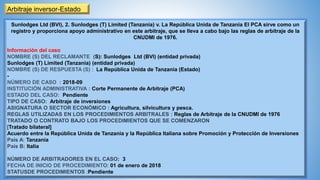 Arbitraje inversor-Estado
Sunlodges Ltd (BVI), 2. Sunlodges (T) Limited (Tanzania) v. La República Unida de Tanzania El PCA sirve como un
registro y proporciona apoyo administrativo en este arbitraje, que se lleva a cabo bajo las reglas de arbitraje de la
CNUDMI de 1976.
Información del caso
NOMBRE (S) DEL RECLAMANTE (S): Sunlodges Ltd (BVI) (entidad privada)
Sunlodges (T) Limited (Tanzania) (entidad privada)
NOMBRE (S) DE RESPUESTA (S) : La República Unida de Tanzania (Estado)
-
NÚMERO DE CASO : 2018-09
INSTITUCIÓN ADMINISTRATIVA : Corte Permanente de Arbitraje (PCA)
ESTADO DEL CASO: Pendiente
TIPO DE CASO: Arbitraje de inversiones
ASIGNATURA O SECTOR ECONÓMICO : Agricultura, silvicultura y pesca.
REGLAS UTILIZADAS EN LOS PROCEDIMIENTOS ARBITRALES : Reglas de Arbitraje de la CNUDMI de 1976
TRATADO O CONTRATO BAJO LOS PROCEDIMIENTOS QUE SE COMENZARON
[Tratado bilateral]
Acuerdo entre la República Unida de Tanzania y la República Italiana sobre Promoción y Protección de Inversiones
País A: Tanzania
País B: Italia
NÚMERO DE ARBITRADORES EN EL CASO: 3
FECHA DE INICIO DE PROCEDIMIENTO: 01 de enero de 2018
STATUSDE PROCEDIMIENTOS :Pendiente
 
