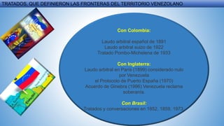 TRATADOS, QUE DEFINIERON LAS FRONTERAS DEL TERRITORIO VENEZOLANO
Con Colombia:
Laudo arbitral español de 1891
Laudo arbitral suizo de 1922
Tratado Pombo-Michelena de 1933
Con Inglaterra:
Laudo arbitral en París (1899) considerado nulo
por Venezuela
el Protocolo de Puerto España (1970)
Acuerdo de Ginebra (1996) Venezuela reclama
soberanía.
Con Brasil:
Tratados y conversaciones en 1852, 1859, 1973.
 
