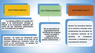 DOCTRINA DRAGO
- “La deuda pública no puede dar
lugar a la intervención armada y
menos a la ocupación material del
suelo de las naciones americanas
por una potencia europea”.
-Igualdad de todos los Estados-El cobro
compulsivo por la fuerza, es la ruina de las
naciones débiles-Los contratos entre una
nación y los particulares, no pueden ser
objeto de fuerza compulsiva
DOCTRINA MONROE
No se permitiría el
engrandecimiento
territorial de ninguna
nación europea a
expensas de
cualquiera de los
países americanos…”.
DOCTRINA CALVO
Expone los principios básicos
de su doctrina, tomando como
fundamentos los principios de
la soberanía nacional, de la
igualdad de ciudadanos
nacionales y extranjeros y de
la jurisdicción territorial.
 