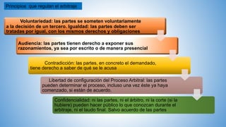 Principios que regulan el arbitraje
Voluntariedad: las partes se someten voluntariamente
a la decisión de un tercero. Igualdad: las partes deben ser
tratadas por igual, con los mismos derechos y obligaciones
Audiencia: las partes tienen derecho a exponer sus
razonamientos, ya sea por escrito o de manera presencial
Contradicción: las partes, en concreto el demandado,
tiene derecho a saber de qué se le acusa
Libertad de configuración del Proceso Arbitral: las partes
pueden determinar el proceso, incluso una vez éste ya haya
comenzado, si están de acuerdo.
Confidencialidad: ni las partes, ni el árbitro, ni la corte (si la
hubiere) pueden hacer público lo que conozcan durante el
arbitraje, ni el laudo final. Salvo acuerdo de las partes
 