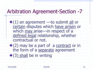 7/11/2009Arb/MS15Arbitration Agreement-Section -7(1) an agreement ---to submit all or certain disputes which have arisen or which may arise---in respect of a defined legal relationship, whether contractual or not.(2) may be a part of  a contract or in the form of a separate agreement(3) shall be in writing