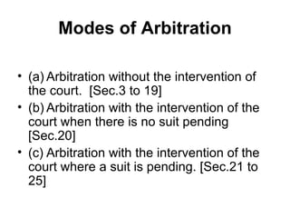 Modes of Arbitration (a) Arbitration without the intervention of the court.  [Sec.3 to 19] (b) Arbitration with the intervention of the court when there is no suit pending [Sec.20] (c) Arbitration with the intervention of the court where a suit is pending. [Sec.21 to 25] 