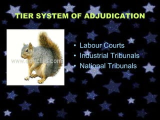 TIER SYSTEM OF ADJUDICATION



            • Labour Courts
            • Industrial Tribunals
            • National Tribunals
 