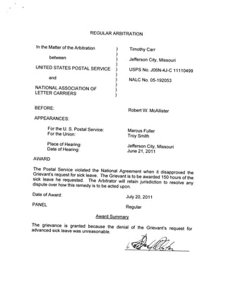 Arbitration decision - Advanced Sick Leave - 