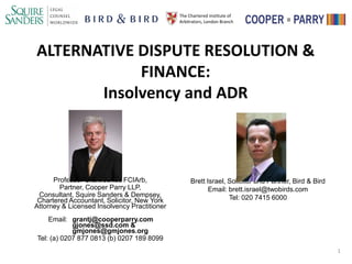 The Chartered Institute of
                                              Arbitrators, London Branch




ALTERNATIVE DISPUTE RESOLUTION &
            FINANCE:
       Insolvency and ADR



      Professor Grant Jones FCIArb,                Brett Israel, Solicitor and Partner, Bird & Bird
        Partner, Cooper Parry LLP,                        Email: brett.israel@twobirds.com
 Consultant, Squire Sanders & Dempsey,                           Tel: 020 7415 6000
 Chartered Accountant, Solicitor, New York
Attorney & Licensed Insolvency Practitioner
    Email: grantj@cooperparry.com
            gjones@ssd.com &
            gmjones@gmjones.org
Tel: (a) 0207 877 0813 (b) 0207 189 8099
                                                                                                      1
 