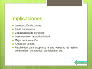 Implicaciones.
 La reducción de costos.
 Bajas de personal.
 Capacitación de personal.
 Incremento en la productividad.
 Mejor comunicación.
 Ahorro de tiempo.
 Flexibilidad para acoplarse a una variedad de estilos
de decisión –autocrático, participativo, etc.
Regresar
 
