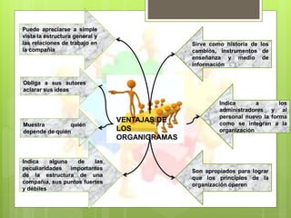 VENTAJAS DE
LOS
ORGANIGRAMAS
Obliga a sus autores
aclarar sus ideas
Puede apreciarse a simple
vista la estructura general y
las relaciones de trabajo en
la compañía
Muestra quién
depende de quién
Indica alguna de las
peculiaridades importantes
de la estructura de una
compañía, sus puntos fuertes
y débiles
Sirve como historia de los
cambios, instrumentos de
enseñanza y medio de
información
Son apropiados para lograr
que los principios de la
organización operen
Indica a los
administradores y al
personal nuevo la forma
como se integran a la
organización
 