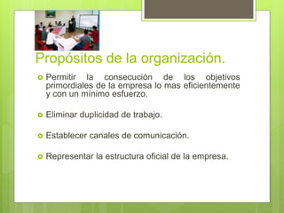 Propósitos de la organización.
 Permitir la consecución de los objetivos
primordiales de la empresa lo mas eficientemente
y con un mínimo esfuerzo.
 Eliminar duplicidad de trabajo.
 Establecer canales de comunicación.
 Representar la estructura oficial de la empresa.
 