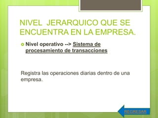 NIVEL JERARQUICO QUE SE
ENCUENTRA EN LA EMPRESA.
 Nivel operativo --> Sistema de
procesamiento de transacciones
Registra las operaciones diarias dentro de una
empresa.
REGRESAR
 