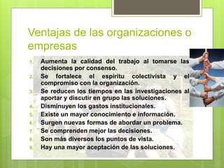 Ventajas de las organizaciones o
empresas
1. Aumenta la calidad del trabajo al tomarse las
decisiones por consenso.
2. Se fortalece el espíritu colectivista y el
compromiso con la organización.
3. Se reducen los tiempos en las investigaciones al
aportar y discutir en grupo las soluciones.
4. Disminuyen los gastos institucionales.
5. Existe un mayor conocimiento e información.
6. Surgen nuevas formas de abordar un problema.
7. Se comprenden mejor las decisiones.
8. Son más diversos los puntos de vista.
9. Hay una mayor aceptación de las soluciones.
 