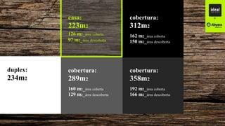 duplex:
234m2
casa:
223m2
126 m2_área coberta
97 m2_área descoberta
cobertura:
312m2
162 m2_área coberta
150 m2_área descoberta
cobertura:
289m2
160 m2_área coberta
129 m2_área descoberta
cobertura:
358m2
192 m2_área coberta
166 m2_área descoberta
+
 