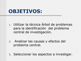 OBJETIVOS:
1. Utilizar la técnica Árbol de problemas
para la identificación del problema
central de investigación.
2. Analizar las causas y efectos del
problema central.
3. Seleccionar los aspectos a investigar.
 