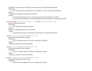 Comprobar si se puede crear e insertar un nuevo elemento con la información indicada.
   Parámetros:
       - info: Información que contendrá el nuevo elemento, si es que este puede ser insertado.
   Return:
   La respuesta a la pregunta ¿Se inserto el elemento?
   Throws:
       - ExceptionDesbordamientoVector: Si el vector que representa el árbol ya esta lleno.
       - ExceptionElementoDuplicado: Si la información que se quiere insertar ya existe dentro del árbl.

public boolean borrarElemento(Object info) throws ExceptionNoEncontrado
   Borrar un elemento del árbol.
   Parámetros:
      - info: Elemento que quiere eliminarse.
   Return:
   Respues ta a la pregunta ¿Se borro el elemento?
   Throws:
      - ExceptionNoEncontrado: Si el elemento especificado no existe dentro del árbol.

public String recorridoPreorden(int posicion)
   Recorrido (Nodo, Izquierda, Derecha)
   Parámetros:
      - posicion: Posición a partir de la cual se comienza el recorrido.
   Return:
   Arreglo que contiene el recorrido del árbol.

public String recorridoInorden(int posicion)
   Recorrido (Izquierda, Nodo, Derecha)
   Parámetros:
      - posicion: Posición apartir de la cual se comienza el recorrido.
   Return:
   Arreglo que contiene el recorrido del árbol.

public String recorridoPostorden(int posicion)
   Recorrido (Izquierda, Derecha, Nodo)
   Parámetros:
      - posicion: Posición apartir de la cual se comienza el recorrido.
 