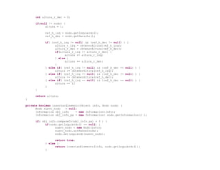 int altura_r_der = 0;

     if(null != nodo) {
           altura = 1;

           ref_h_izq = nodo.getIzquierdo();
           ref_h_der = nodo.getDerecho();

           if( (ref_h_izq != null) && (ref_h_der != null) ) {
                 altura_r_izq = obtenerAltura(ref_h_izq);
                 altura_r_der = obtenerAltura(ref_h_der);
                 if(altura_r_izq >= altura_r_der) {
                       altura += altura_r_izq;
                 } else {
                       altura += altura_r_der;
                 }
           } else if( (ref_h_izq != null) && (ref_h_der == null) ) {
                 altura += obtenerAltura(ref_h_izq);
           } else if( (ref_h_izq == null) && (ref_h_der != null) ) {
                 altura += obtenerAltura(ref_h_der);
           } else if( (ref_h_izq == null) && (ref_h_der == null) ) {
                 altura -= 1;
           }
     }

     return altura;
}

private boolean insertarElemento(Object info, Nodo nodo) {
      Nodo nuevo_nodo   = null;
      Informacion obj_info    = new Informacion(info);
      Informacion obj_info_pa = new Informacion( nodo.getInformacion() );

     if( obj_info.compareTo(obj_info_pa) < 0 ) {
           if(nodo.getIzquierdo() == null) {
                 nuevo_nodo = new Nodo(info);
                 nuevo_nodo.setPadre(nodo);
                 nodo.setIzquierdo(nuevo_nodo);

                 return true;
           } else {
                 return insertarElemento(info, nodo.getIzquierdo());
           }
 