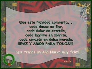 Que esta Navidad convierta....
        cada deseo en flor,
       cada dolor en estrella,
      cada lagrima en sonrisa,
   cada corazón en dulce morada.
 ¡¡¡PAZ Y AMOR PARA TODOS!!!!

Que tengas un Año Nuevo muy feliz!!!

                          VOLVER
 
