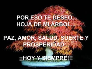 POR ESO TE DESEO,  HOJA DE MI ÁRBOL... PAZ, AMOR, SALUD, SUERTE Y PROSPERIDAD... ¡¡HOY Y SIEMPRE!!! 