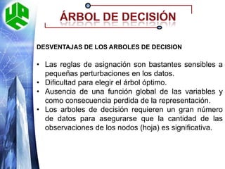 Árbol de decisiónVENTAJAS DE LOS ARBOLES DE DECISION:La regla de asignación son simples y legibles, por tanto la interpretación de resultados es directa e intuitiva.