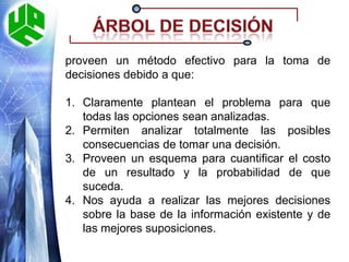 Árbol de decisiónCARACTERISTICAS  Un árbol de decisión es una forma gráfica y analítica de representar todos los eventos (sucesos) que pueden surgir a partir de una decisión asumida en cierto momento.Nos ayuda a tomar la decisión “más acertada”, desde un punto de vista probabilístico, ante un abanico de posibles soluciones.Permite desplegar visualmente un problema y organizar el trabajo de cálculos que deben realizarse.