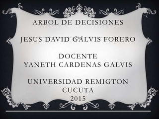 ARBOL DE DECISIONES
JESUS DAVID GALVIS FORERO
DOCENTE
YANETH CARDENAS GALVIS
UNIVERSIDAD REMIGTON
CUCUTA
2015
 