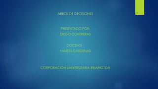 ÁRBOL DE DECISIONES
PRESENTADO POR:
DIEGO CONTRERAS
DOCENTE :
YANETH CÁRDENAS
CORPORACIÓN UNIVERSITARIA REMINGTON
 