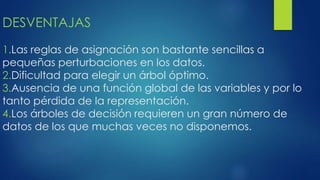 DESVENTAJAS
1.Las reglas de asignación son bastante sencillas a
pequeñas perturbaciones en los datos.
2.Dificultad para elegir un árbol óptimo.
3.Ausencia de una función global de las variables y por lo
tanto pérdida de la representación.
4.Los árboles de decisión requieren un gran número de
datos de los que muchas veces no disponemos.
 