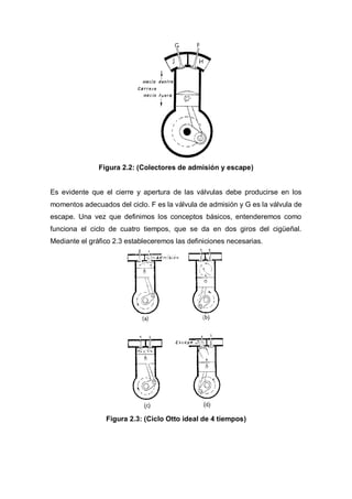 Figura 2.2: (Colectores de admisión y escape)
Es evidente que el cierre y apertura de las válvulas debe producirse en los
momentos adecuados del ciclo. F es la válvula de admisión y G es la válvula de
escape. Una vez que definimos los conceptos básicos, entenderemos como
funciona el ciclo de cuatro tiempos, que se da en dos giros del cigüeñal.
Mediante el gráfico 2.3 estableceremos las definiciones necesarias.
Figura 2.3: (Ciclo Otto ideal de 4 tiempos)
 