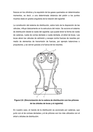 frescos en los cilindros y la expulsión de los gases quemados en determinados
momentos, es decir; a una determinada distancia del pistón a los puntos
muertos dada en grados angulares de la rotación del cigüeñal.
La constitución del sistema de distribución, sobre todo de la disposición de las
válvulas, influye básicamente en la estructura del motor. Se acciona el sistema
de distribución desde la rueda del cigüeñal, que puede tener la forma de rueda
de cadenas, rueda de correa dentada o rueda dentada, al árbol de levas. Las
levas abren las válvulas de admisión y escape contra fuerzas de resortes por
medio de elementos de transmisión de fuerzas, por ejemplo balancines o
propulsores, y se cierran gracias a la fuerza de los resortes.
Figura 2.8: (Sincronización de la cadena de distribución con los piñones
de los árboles de levas y el cigüeñal)
En nuestro caso, el mando de la distribución es accionado por cadenas, que
junto con el de correas dentadas y el de piñones son los más utilizados con el
árbol o árboles de distribución.
 